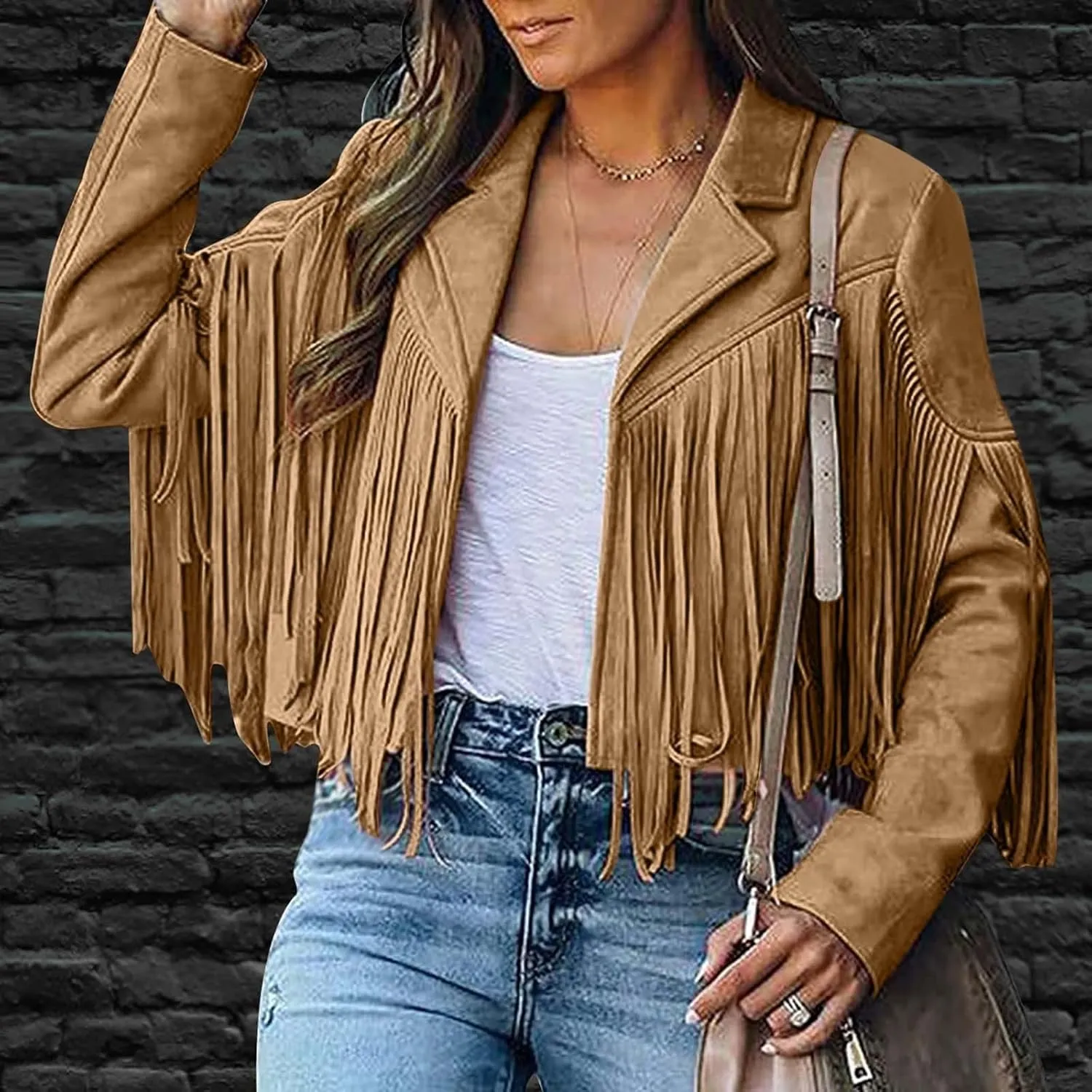 Womens Faux Suede Leather Jacket Fashion Fringe Cropped Coat Solid Motorcycle Outwear Casual Tassels Cardigan