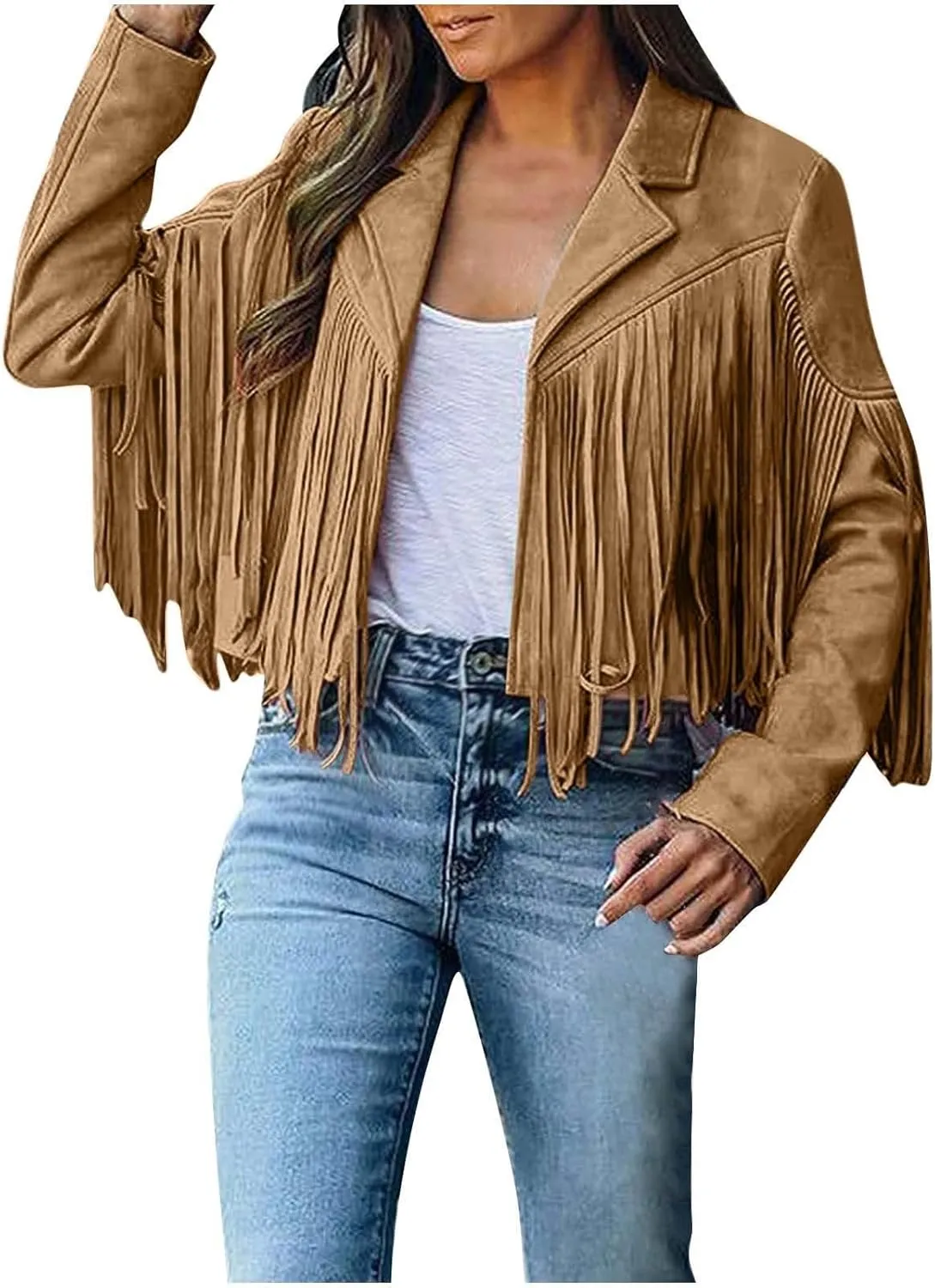 Womens Faux Suede Leather Jacket Fashion Fringe Cropped Coat Solid Motorcycle Outwear Casual Tassels Cardigan