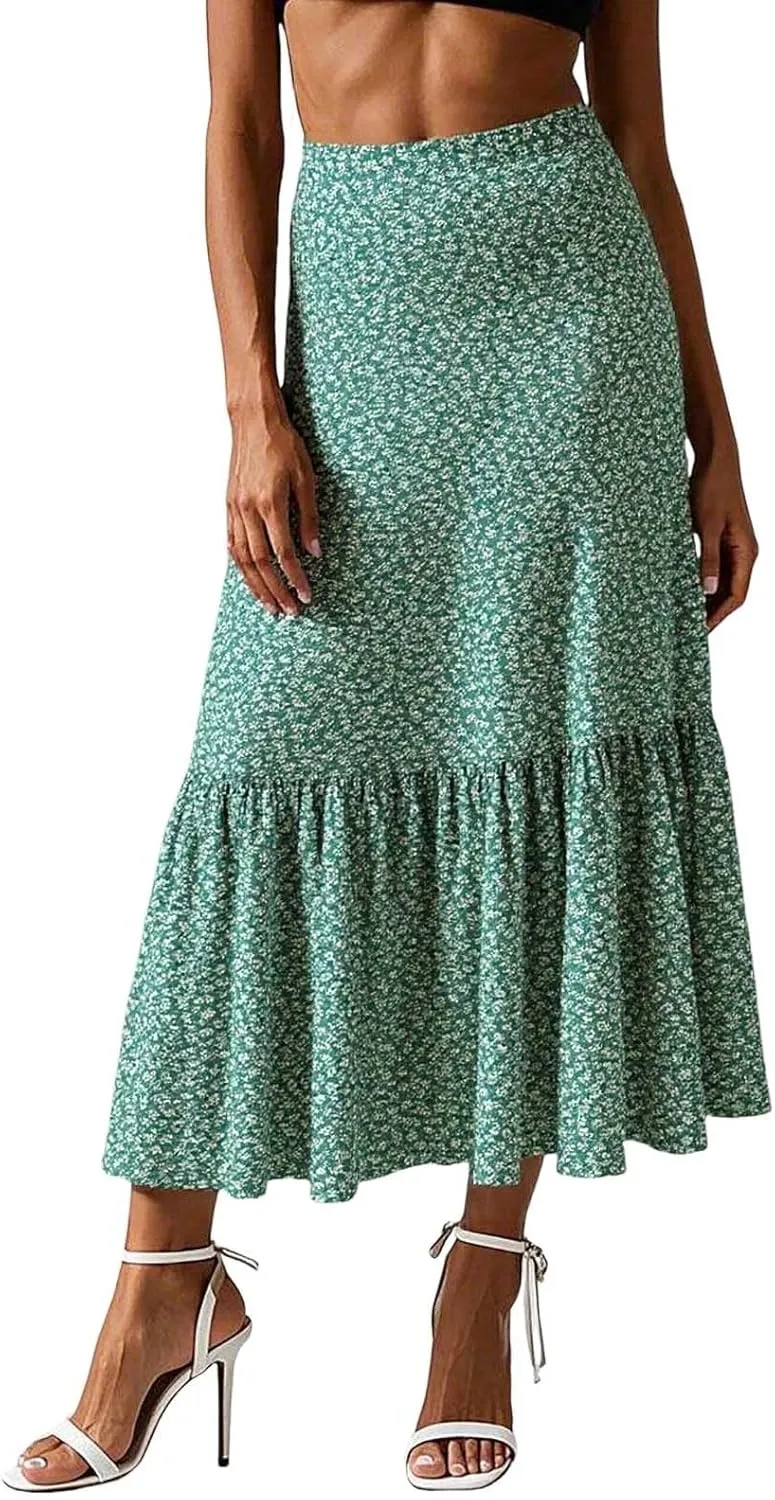 Womens Floral Maxi Skirt Flowy Boho Elastic Waist Pleated A-Line Skirts Summer Beach Swing Long Skirts 2025 Fashion