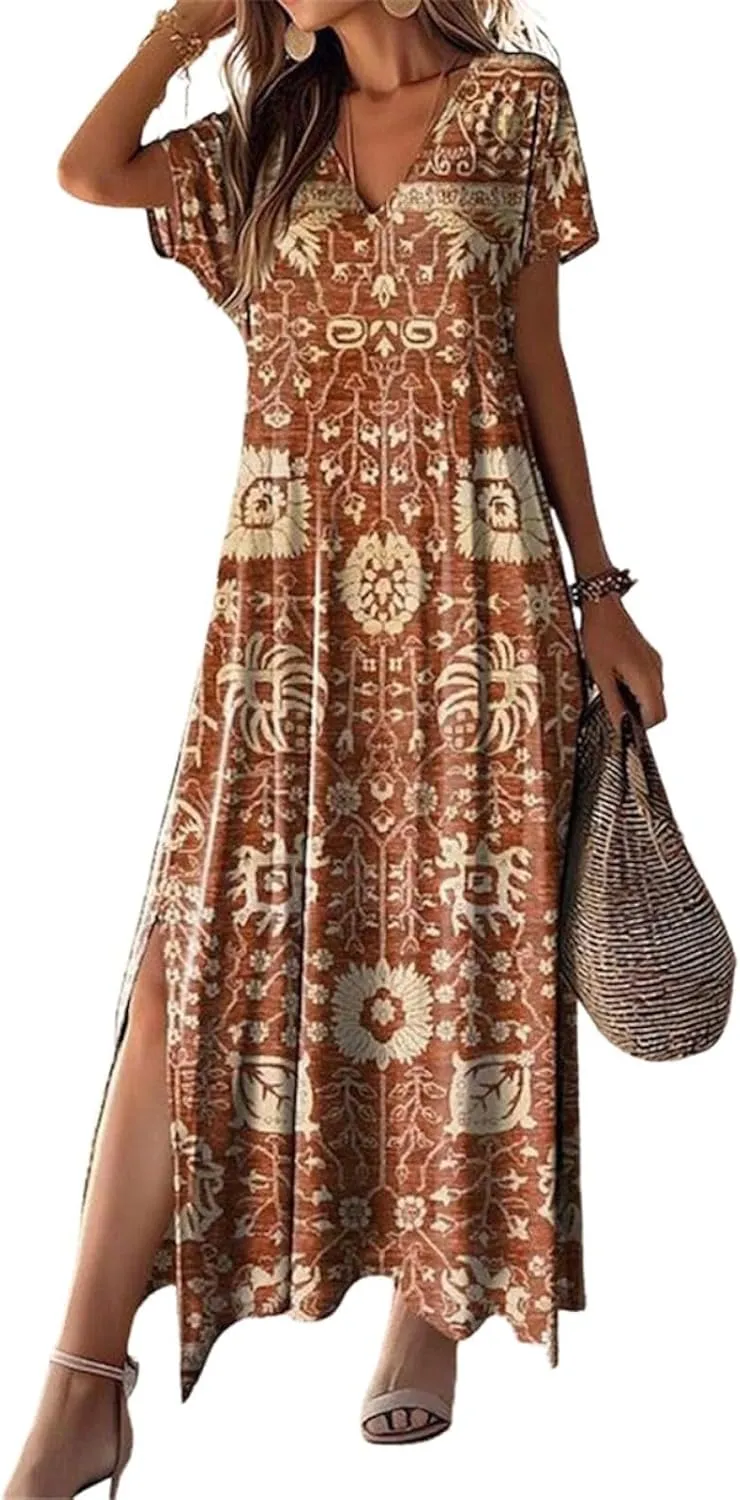 Womens Flowy Rustic Floral Print V Neck Short Sleeve Maxi Dress Summer Bohemian Chic Ruched Slit Hem Dress