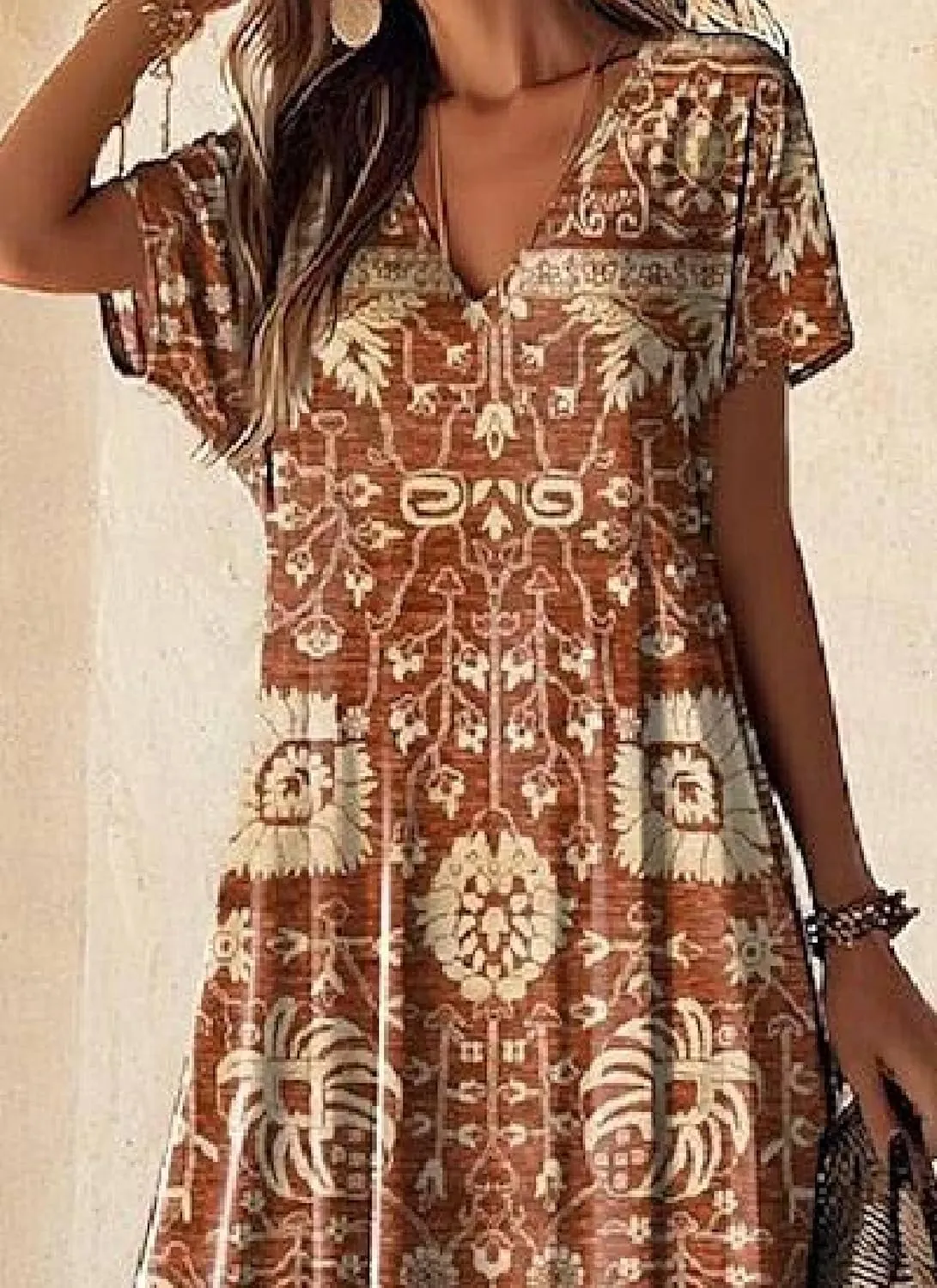 Womens Flowy Rustic Floral Print V Neck Short Sleeve Maxi Dress Summer Bohemian Chic Ruched Slit Hem Dress