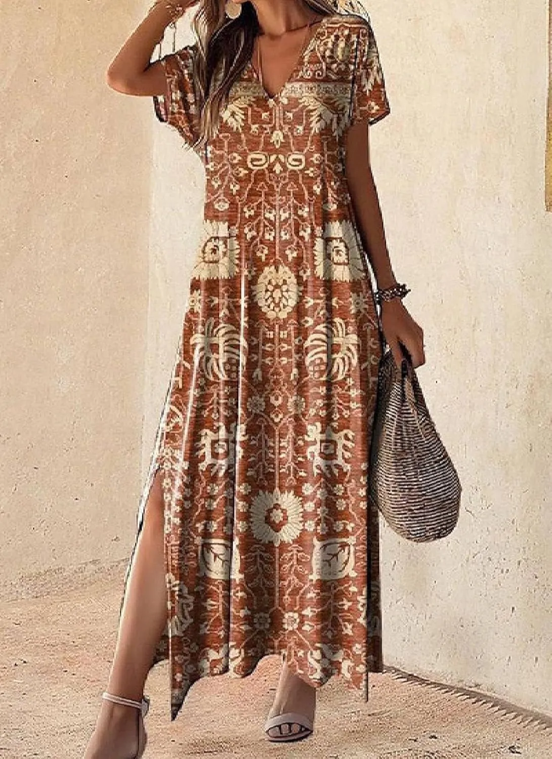 Womens Flowy Rustic Floral Print V Neck Short Sleeve Maxi Dress Summer Bohemian Chic Ruched Slit Hem Dress
