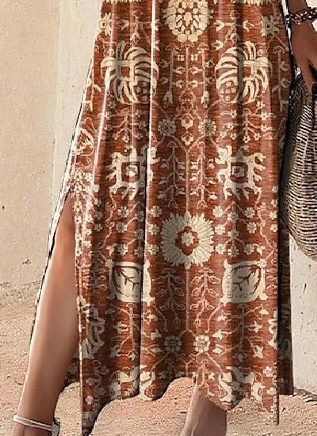 Womens Flowy Rustic Floral Print V Neck Short Sleeve Maxi Dress Summer Bohemian Chic Ruched Slit Hem Dress