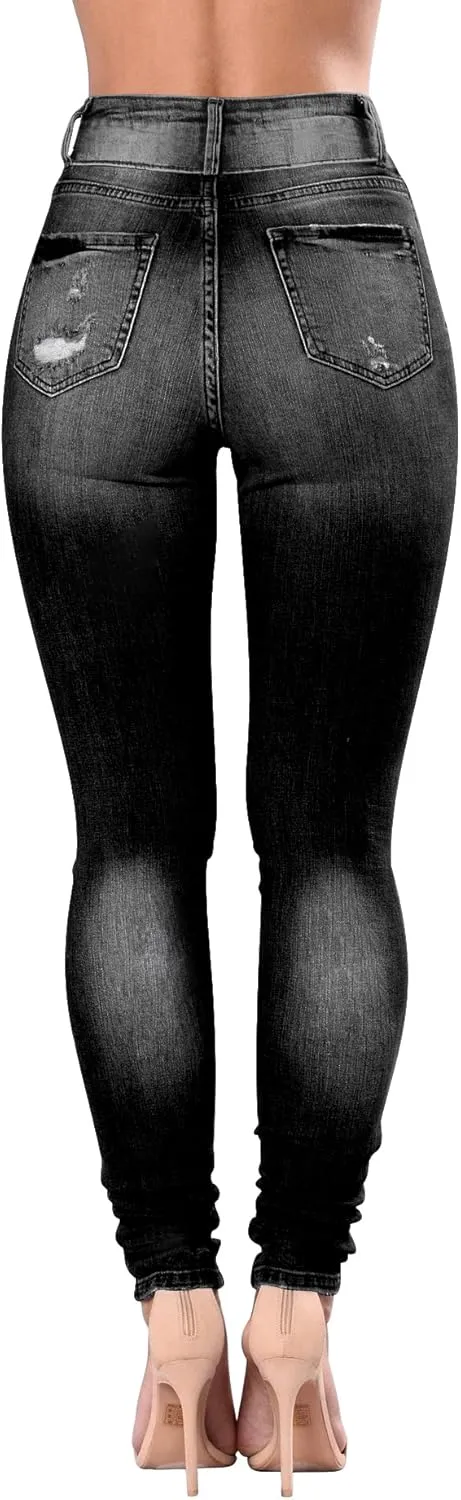 Women's High Waisted Butt Lift Stretch Ripped Skinny Jeans Juniors Distressed Button Down Jeans