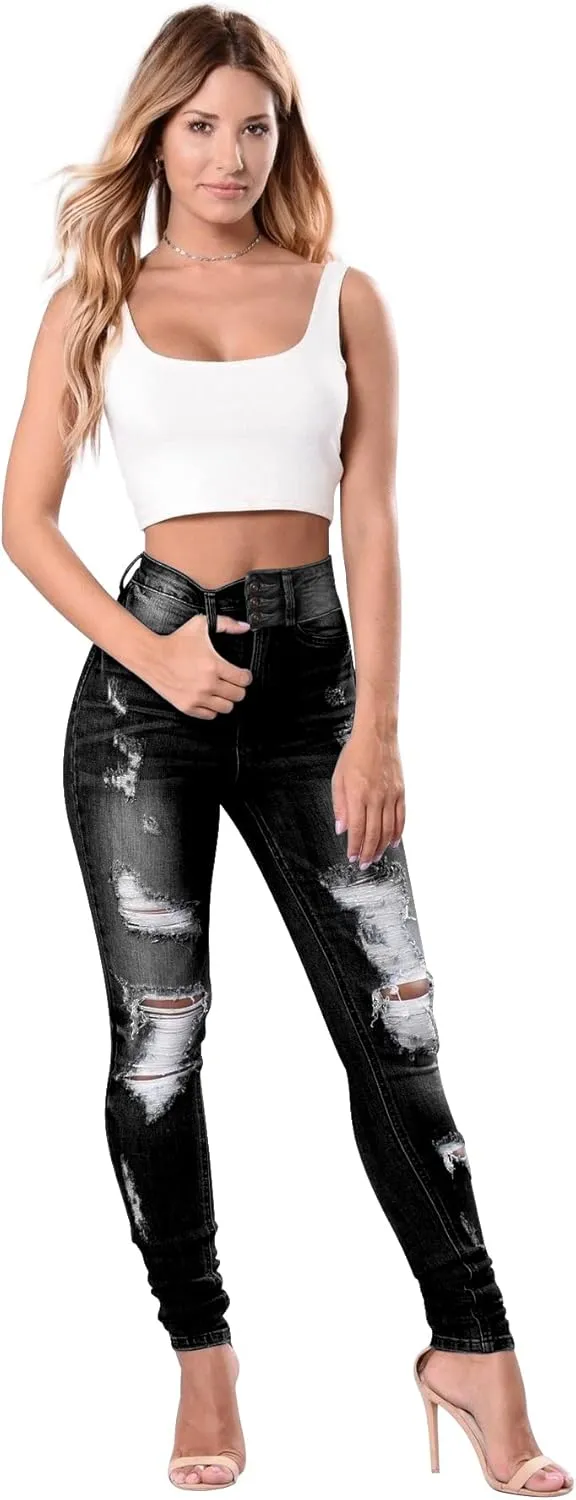 Women's High Waisted Butt Lift Stretch Ripped Skinny Jeans Juniors Distressed Button Down Jeans
