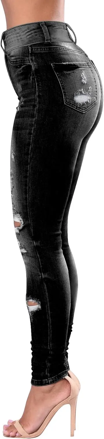 Women's High Waisted Butt Lift Stretch Ripped Skinny Jeans Juniors Distressed Button Down Jeans