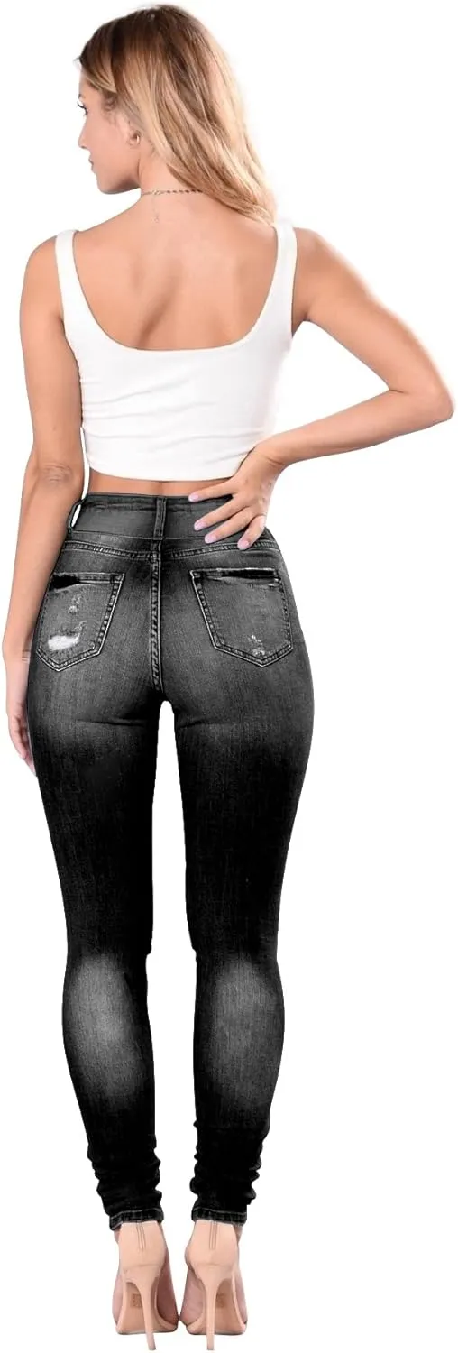 Women's High Waisted Butt Lift Stretch Ripped Skinny Jeans Juniors Distressed Button Down Jeans