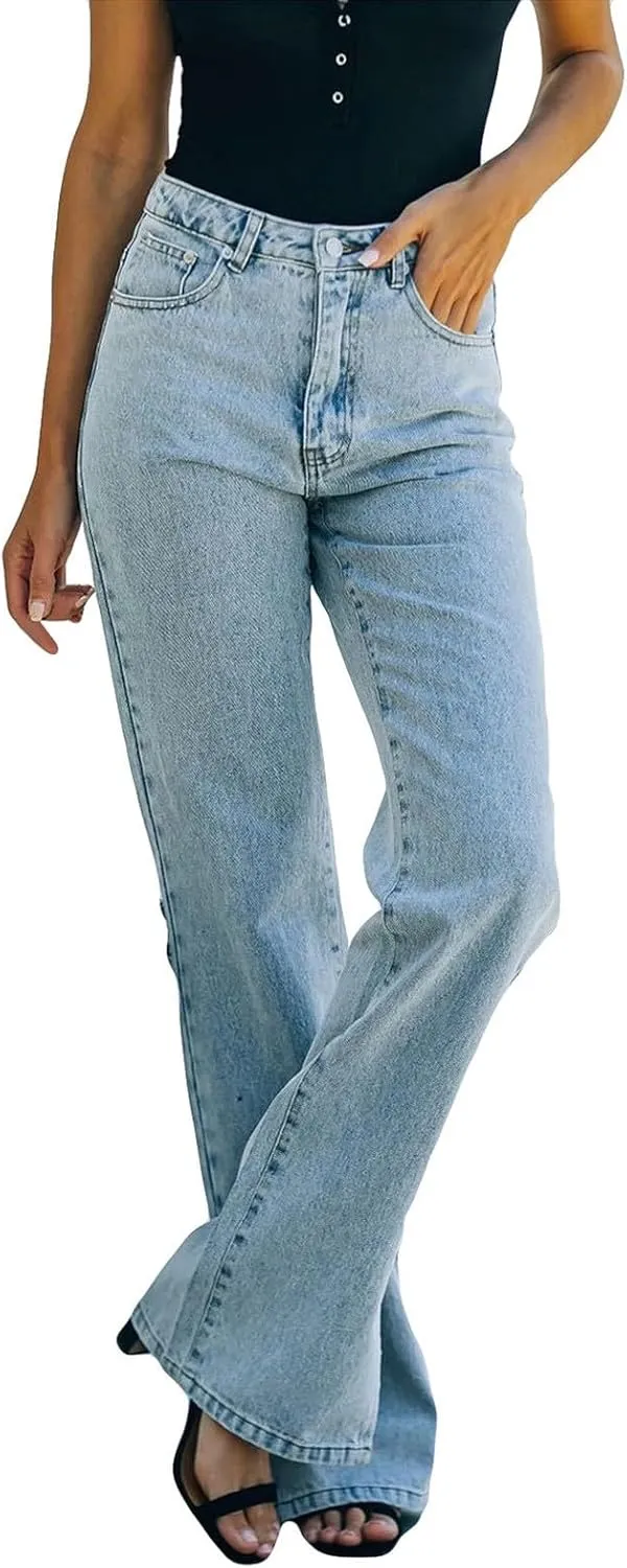 Women's High Waisted Straight Leg Jeans Pants Trendy with Pockets Skinny Stretch Ripped Jeans Destroyed Denim Pants