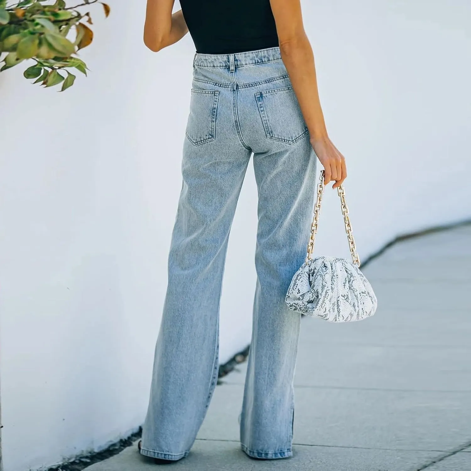 Women's High Waisted Straight Leg Jeans Pants Trendy with Pockets Skinny Stretch Ripped Jeans Destroyed Denim Pants
