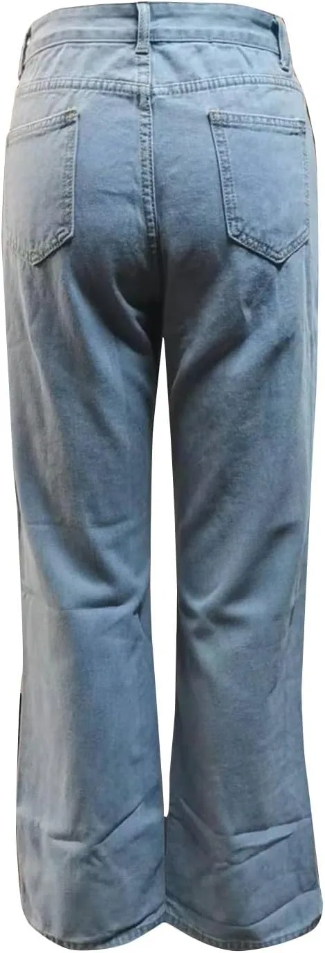 Women's High Waisted Straight Leg Jeans Pants Trendy with Pockets Skinny Stretch Ripped Jeans Destroyed Denim Pants