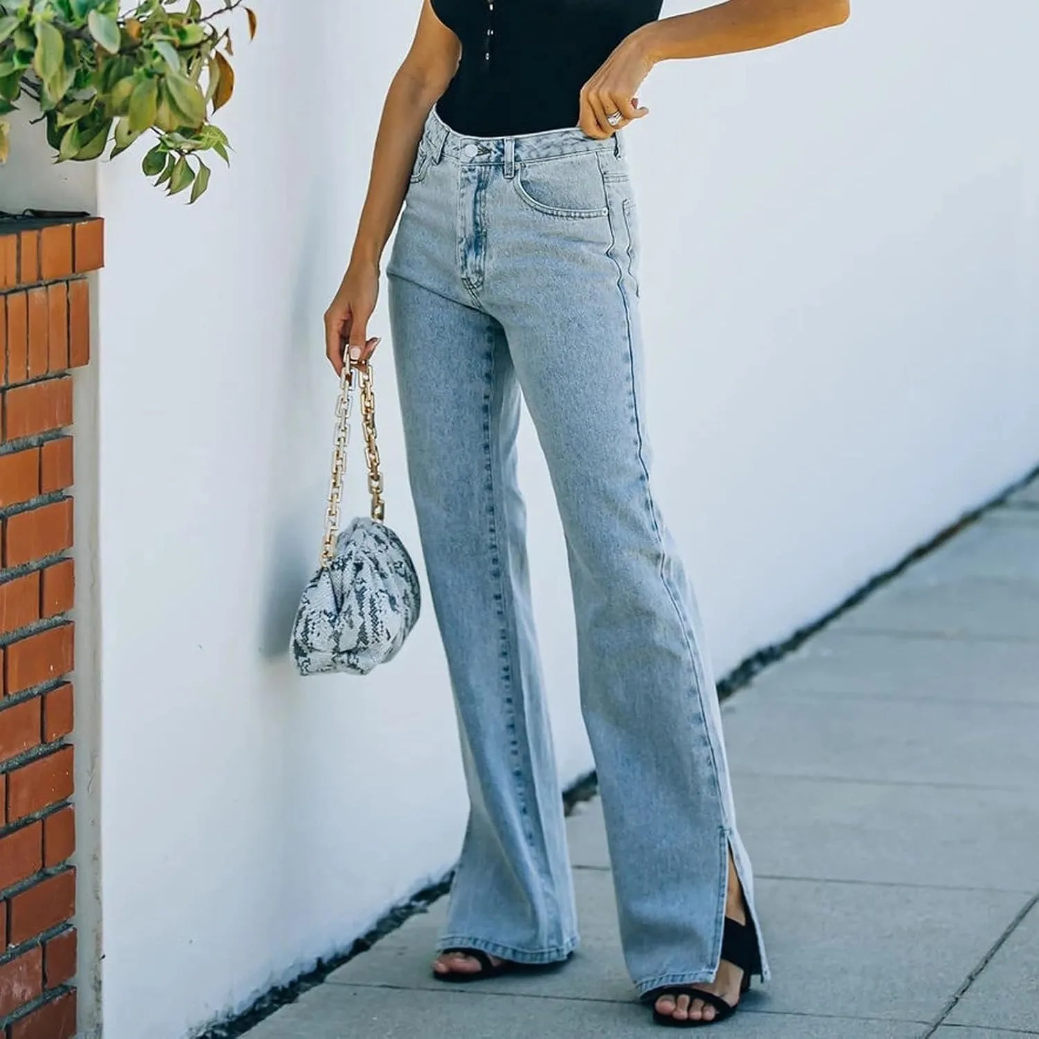 Women's High Waisted Straight Leg Jeans Pants Trendy with Pockets Skinny Stretch Ripped Jeans Destroyed Denim Pants