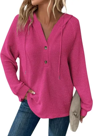Womens Hoodies 2024 Fall Fashion Button V Neck Waffle Knit Tops Drawstring Hooded Oversized Sweatshirt with Pocket
