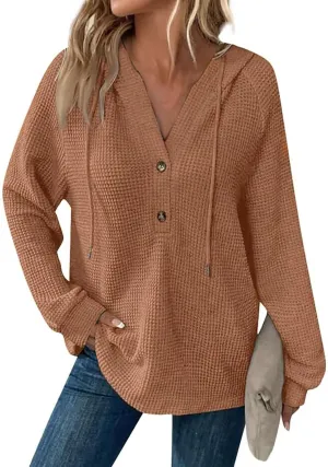 Womens Hoodies 2024 Fall Fashion Button V Neck Waffle Knit Tops Drawstring Hooded Oversized Sweatshirt with Pocket