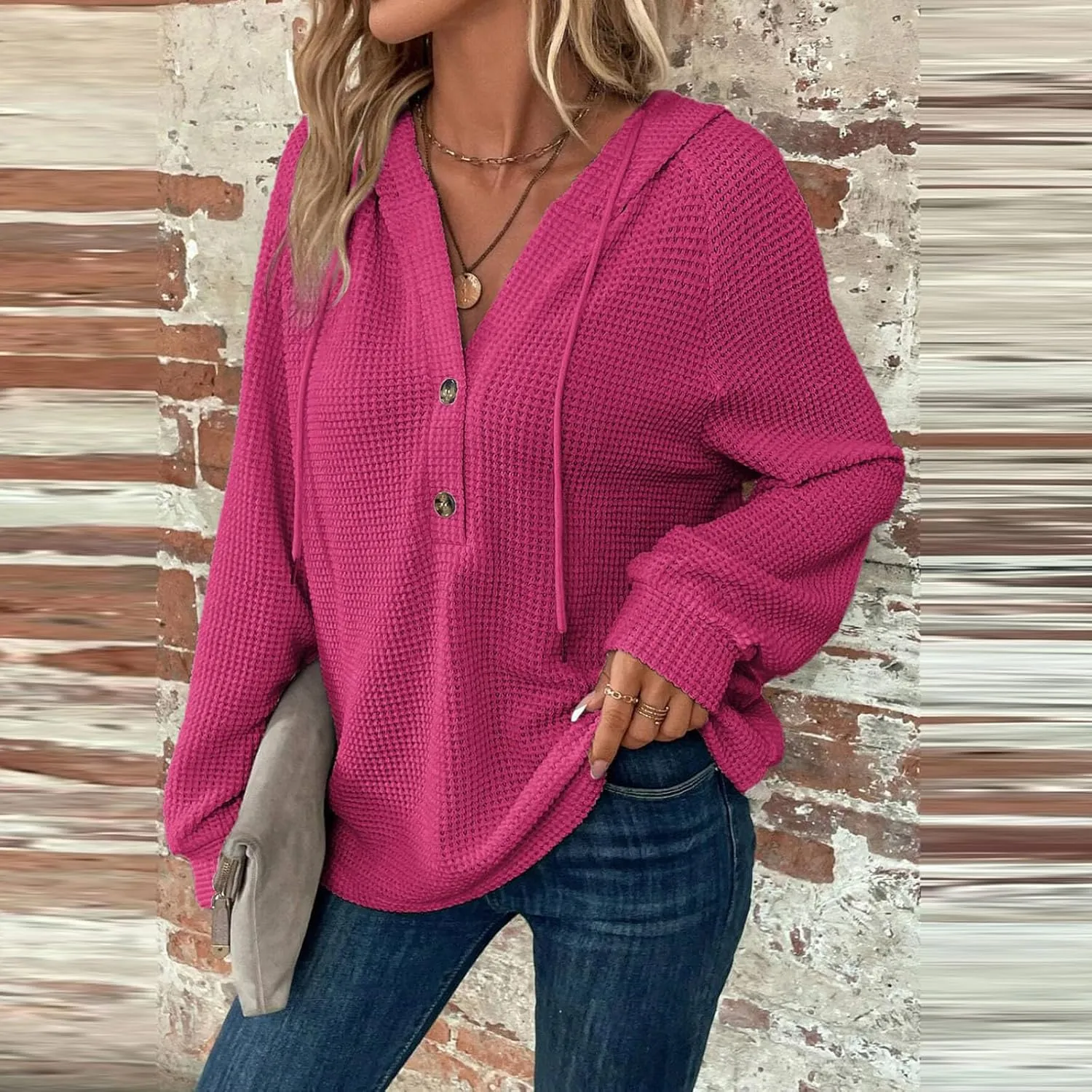 Womens Hoodies 2024 Fall Fashion Button V Neck Waffle Knit Tops Drawstring Hooded Oversized Sweatshirt with Pocket