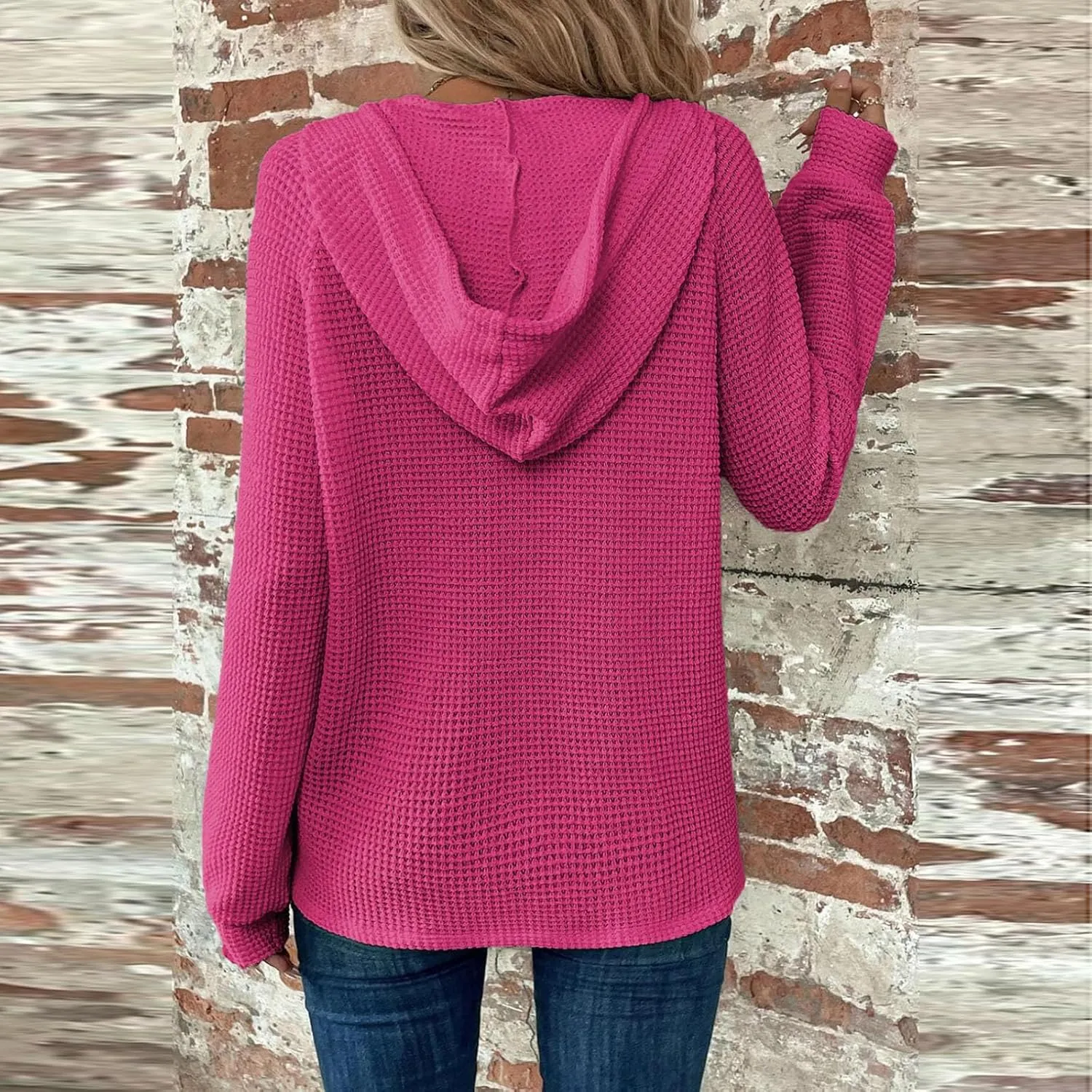 Womens Hoodies 2024 Fall Fashion Button V Neck Waffle Knit Tops Drawstring Hooded Oversized Sweatshirt with Pocket