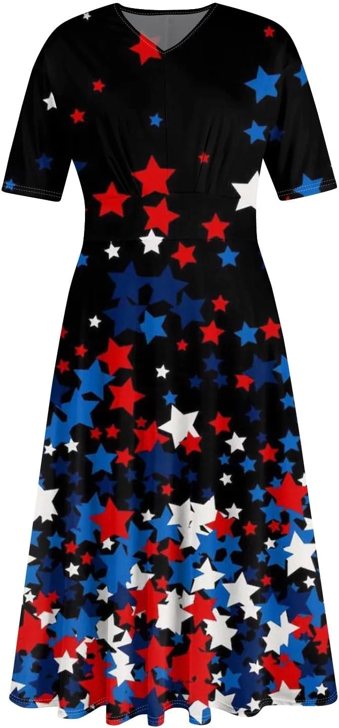 Women's July of 4th Dresses V Neck Patriotic Amercian Flag Midi Dress with Pocket