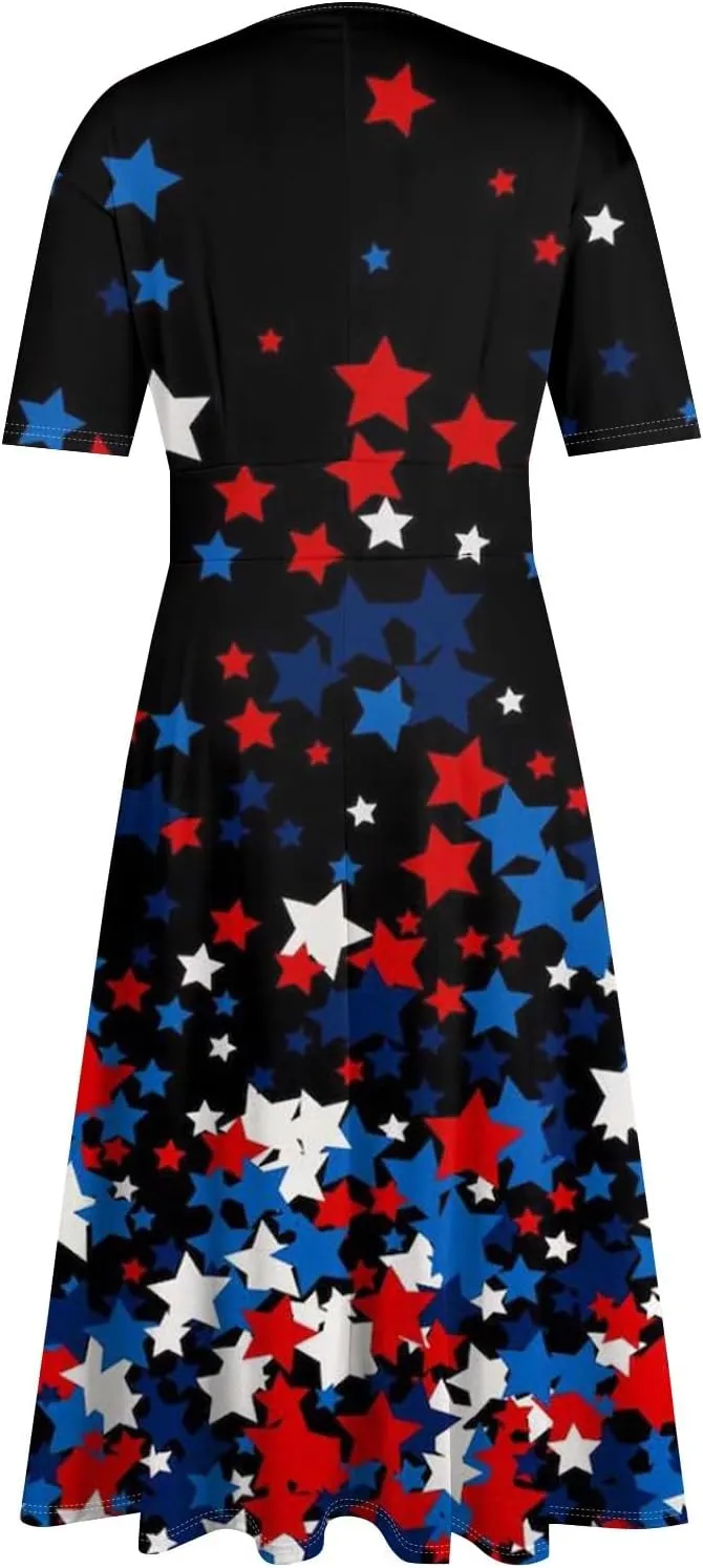 Women's July of 4th Dresses V Neck Patriotic Amercian Flag Midi Dress with Pocket