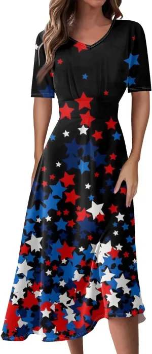 Women's July of 4th Dresses V Neck Patriotic Amercian Flag Midi Dress with Pocket
