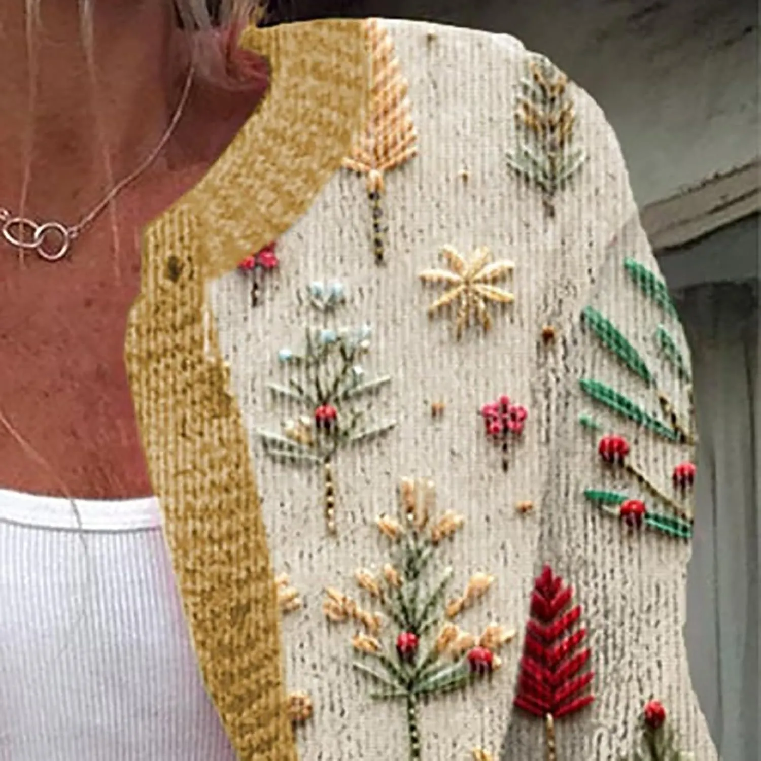 Womens Knit Cardigan Sweaters Christmas Casual Floral Print Long Sleeve Open Front Button Up Ribbed Sweater Jackets