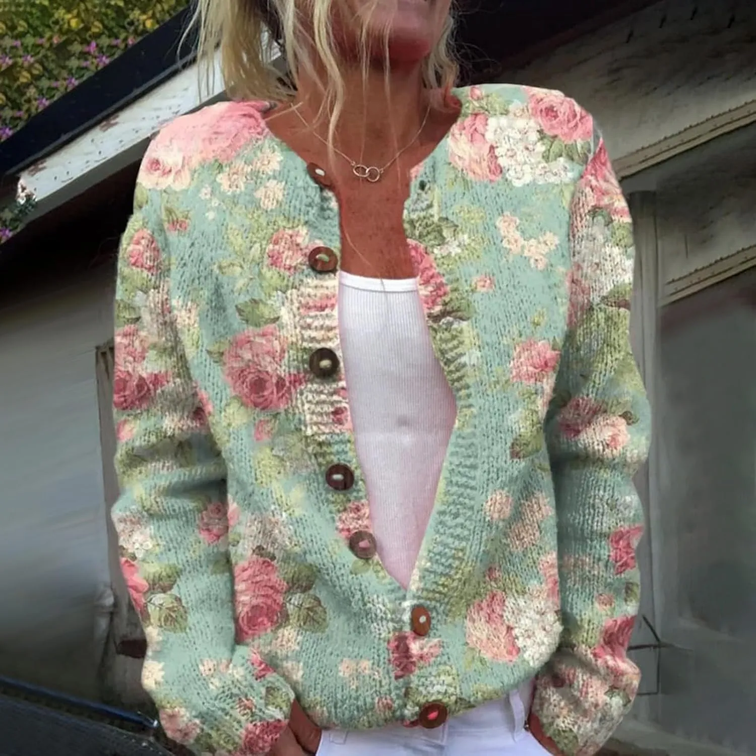 Womens Knit Cardigan Sweaters Christmas Casual Floral Print Long Sleeve Open Front Button Up Ribbed Sweater Jackets