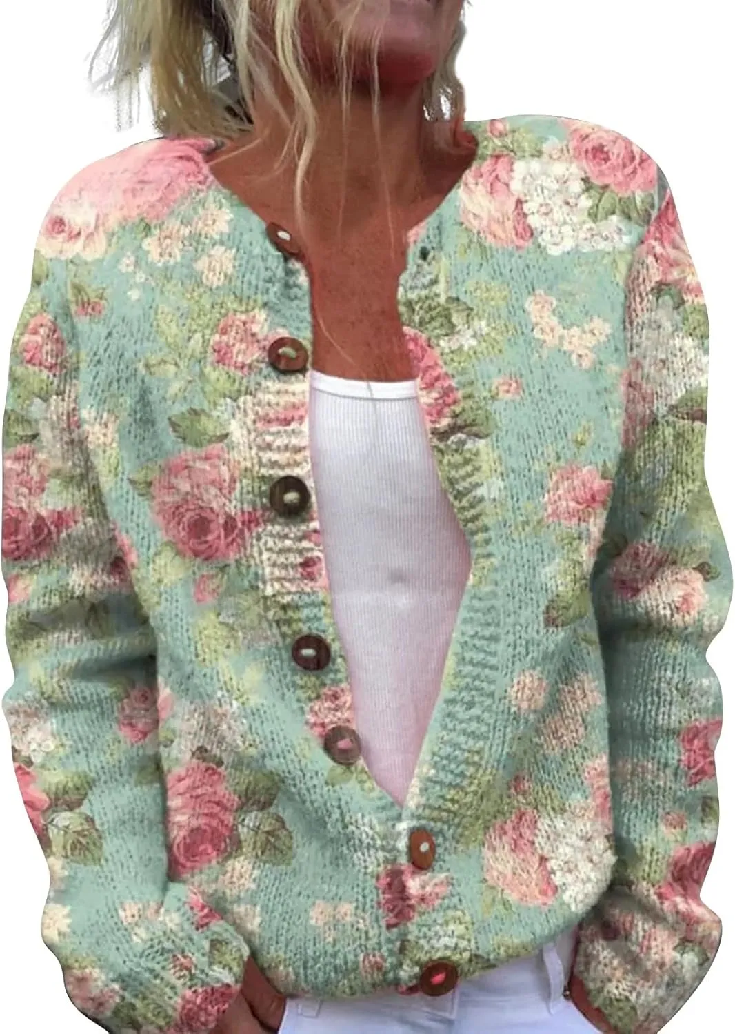 Womens Knit Cardigan Sweaters Christmas Casual Floral Print Long Sleeve Open Front Button Up Ribbed Sweater Jackets