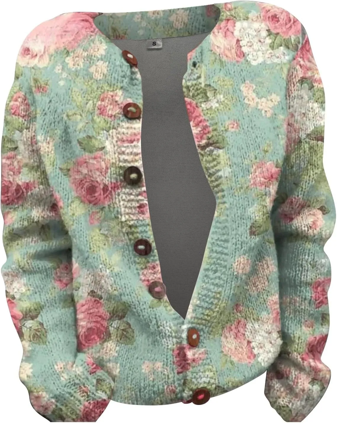 Womens Knit Cardigan Sweaters Christmas Casual Floral Print Long Sleeve Open Front Button Up Ribbed Sweater Jackets