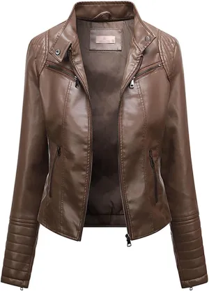 Womens Leather Jackets Fashion Zipper Button Stand Collar Long Sleeves Slim Fit Punk Streetwear Motorcycle Jacket