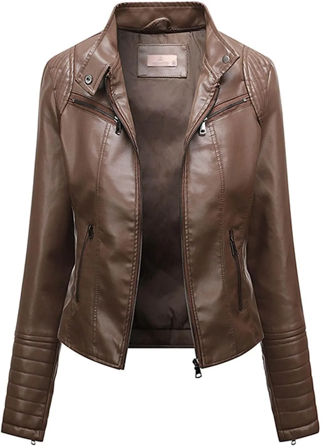 Womens Leather Jackets Fashion Zipper Button Stand Collar Long Sleeves Slim Fit Punk Streetwear Motorcycle Jacket
