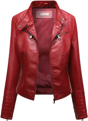 Womens Leather Jackets Fashion Zipper Button Stand Collar Long Sleeves Slim Fit Punk Streetwear Motorcycle Jacket