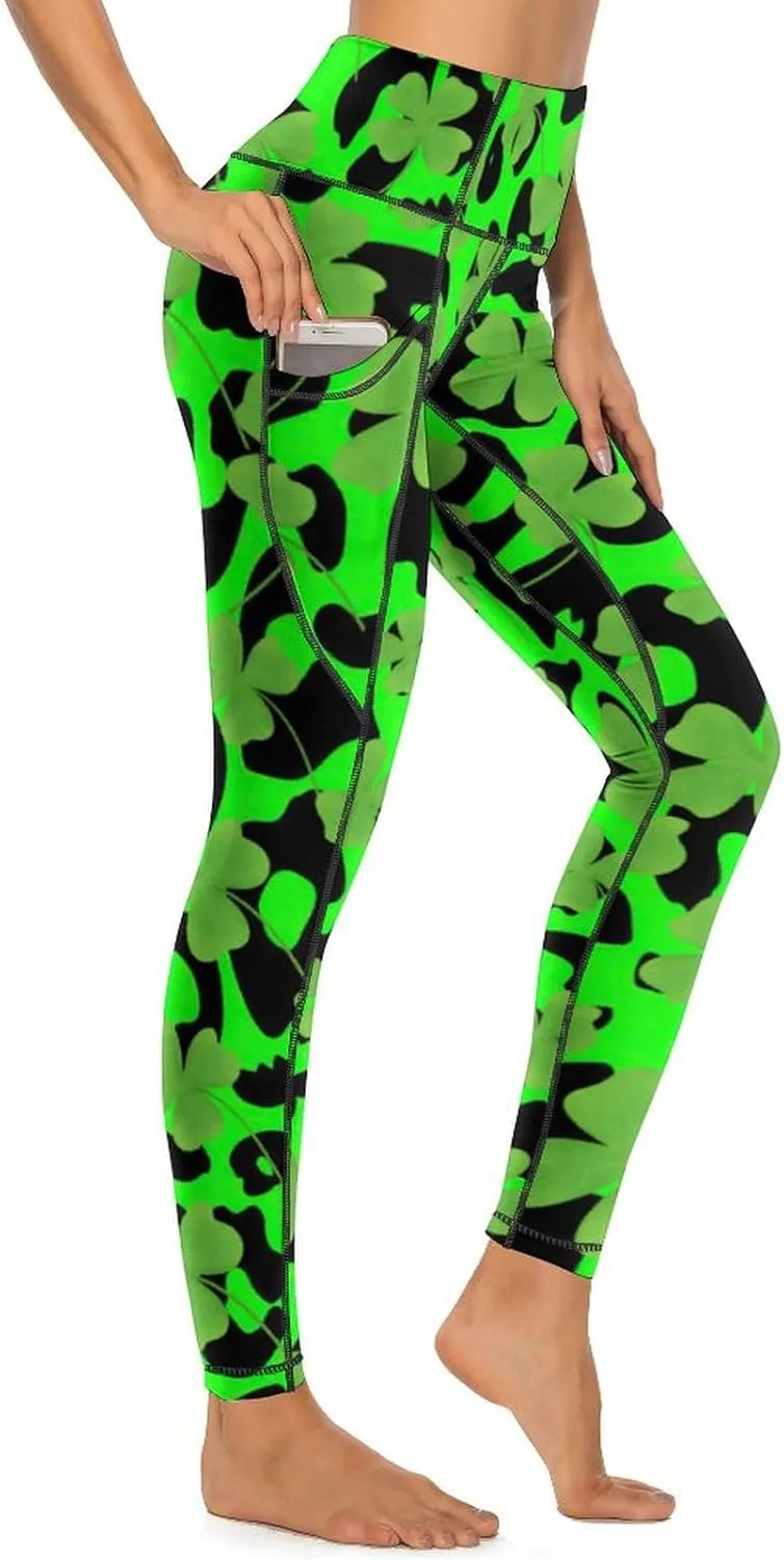 Women's Leggings Yoga Pant High Waisted Sports Trouser Clover Green Athletic Workout Leggings for St Patricks Day Gift
