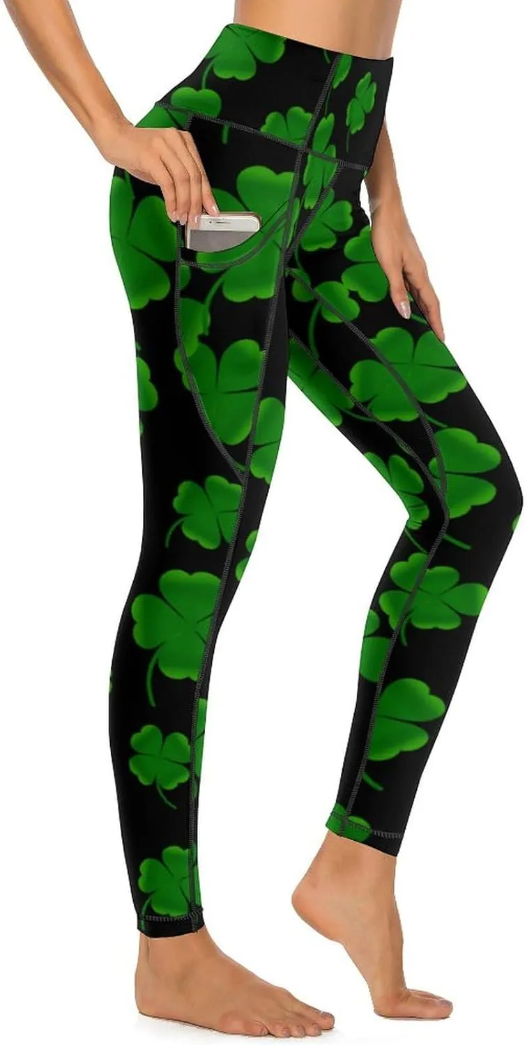 Women's Leggings Yoga Pant High Waisted Sports Trouser Clover Green Athletic Workout Leggings for St Patricks Day Gift