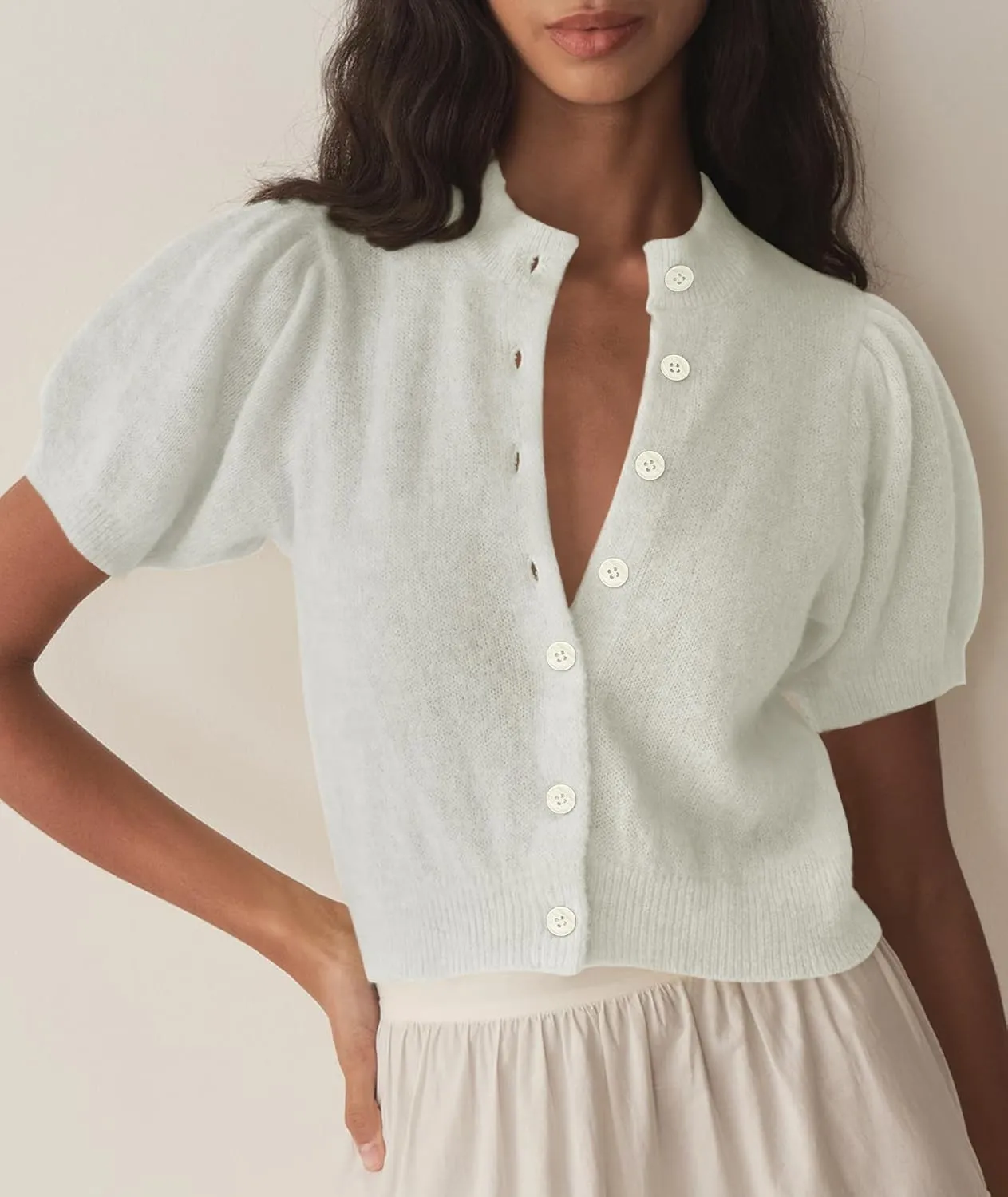 Womens Lightweight Summer Puff Short Sleeve Cardigan Sweaters Button up Y2k Knit Thin Cropped Cardigans