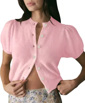 Womens Lightweight Summer Puff Short Sleeve Cardigan Sweaters Button up Y2k Knit Thin Cropped Cardigans