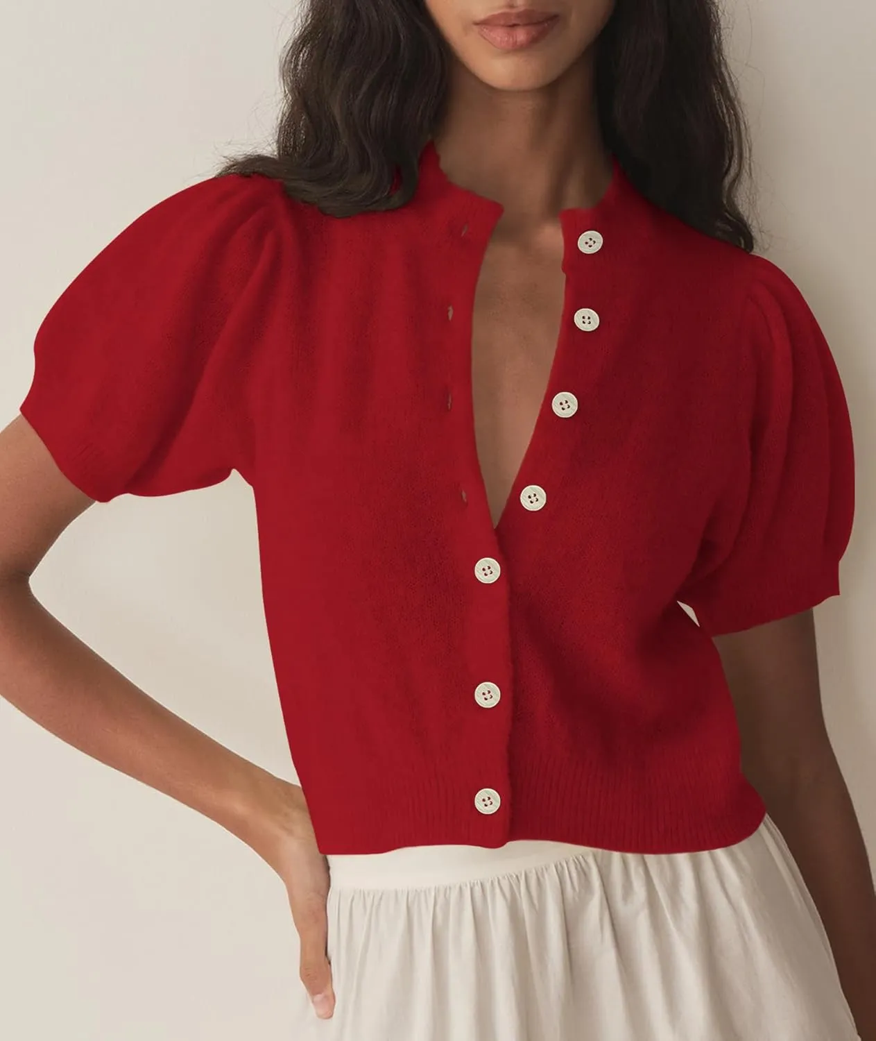 Womens Lightweight Summer Puff Short Sleeve Cardigan Sweaters Button up Y2k Knit Thin Cropped Cardigans