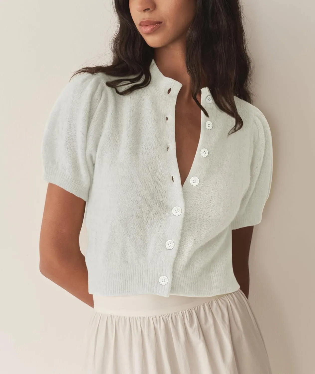 Womens Lightweight Summer Puff Short Sleeve Cardigan Sweaters Button up Y2k Knit Thin Cropped Cardigans