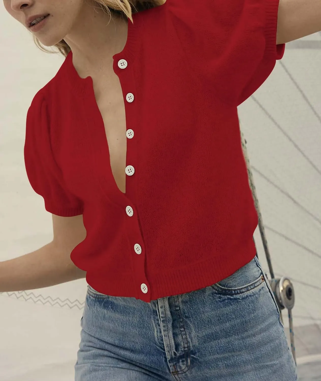 Womens Lightweight Summer Puff Short Sleeve Cardigan Sweaters Button up Y2k Knit Thin Cropped Cardigans