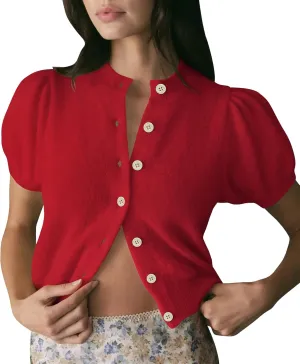 Womens Lightweight Summer Puff Short Sleeve Cardigan Sweaters Button up Y2k Knit Thin Cropped Cardigans