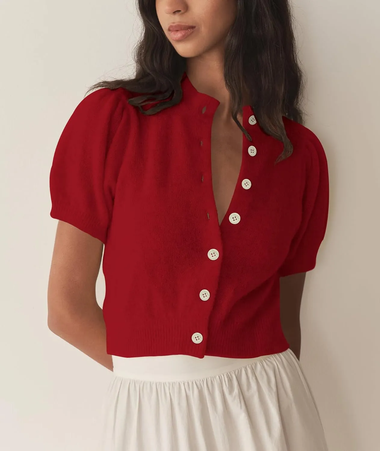 Womens Lightweight Summer Puff Short Sleeve Cardigan Sweaters Button up Y2k Knit Thin Cropped Cardigans