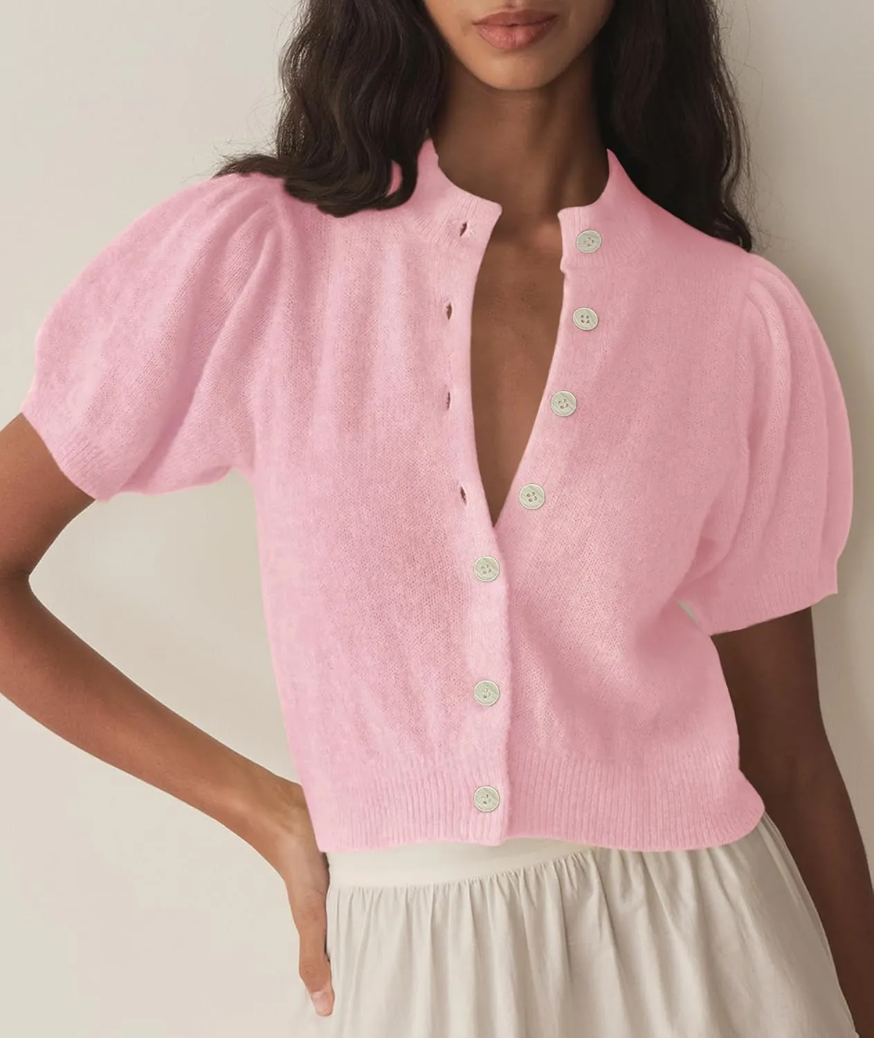 Womens Lightweight Summer Puff Short Sleeve Cardigan Sweaters Button up Y2k Knit Thin Cropped Cardigans