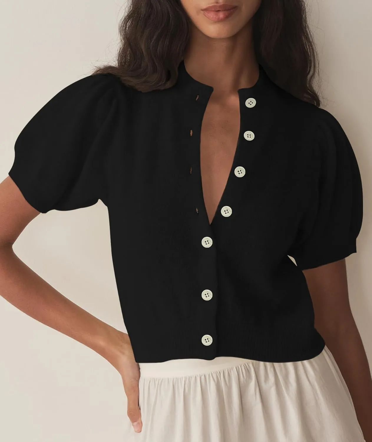 Womens Lightweight Summer Puff Short Sleeve Cardigan Sweaters Button up Y2k Knit Thin Cropped Cardigans