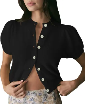 Womens Lightweight Summer Puff Short Sleeve Cardigan Sweaters Button up Y2k Knit Thin Cropped Cardigans