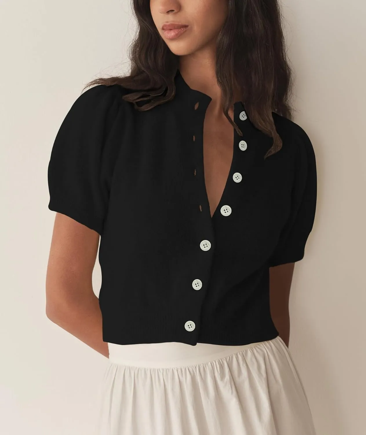 Womens Lightweight Summer Puff Short Sleeve Cardigan Sweaters Button up Y2k Knit Thin Cropped Cardigans
