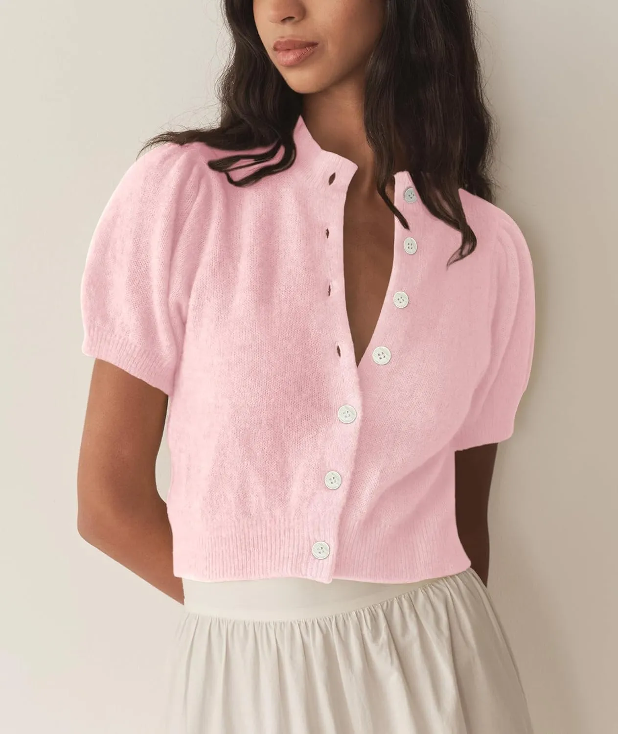 Womens Lightweight Summer Puff Short Sleeve Cardigan Sweaters Button up Y2k Knit Thin Cropped Cardigans