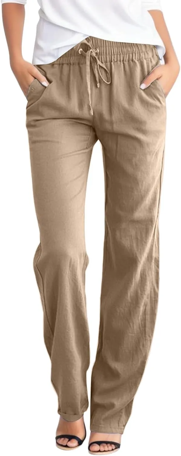 Women's Linen Pants Straight Leg Drawstring Elastic High Waist Loose Comfy Palazzo Trousers with Pockets