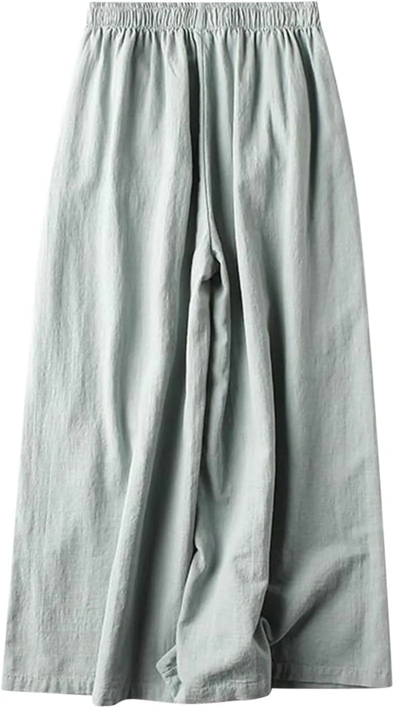 Womens Linen Pants Summer Casual Loose Beach Pants 2025 Vintage Embroidery Wide Leg Pants High Waist Palazzo Lounge