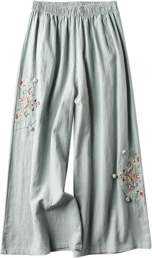 Womens Linen Pants Summer Casual Loose Beach Pants 2025 Vintage Embroidery Wide Leg Pants High Waist Palazzo Lounge