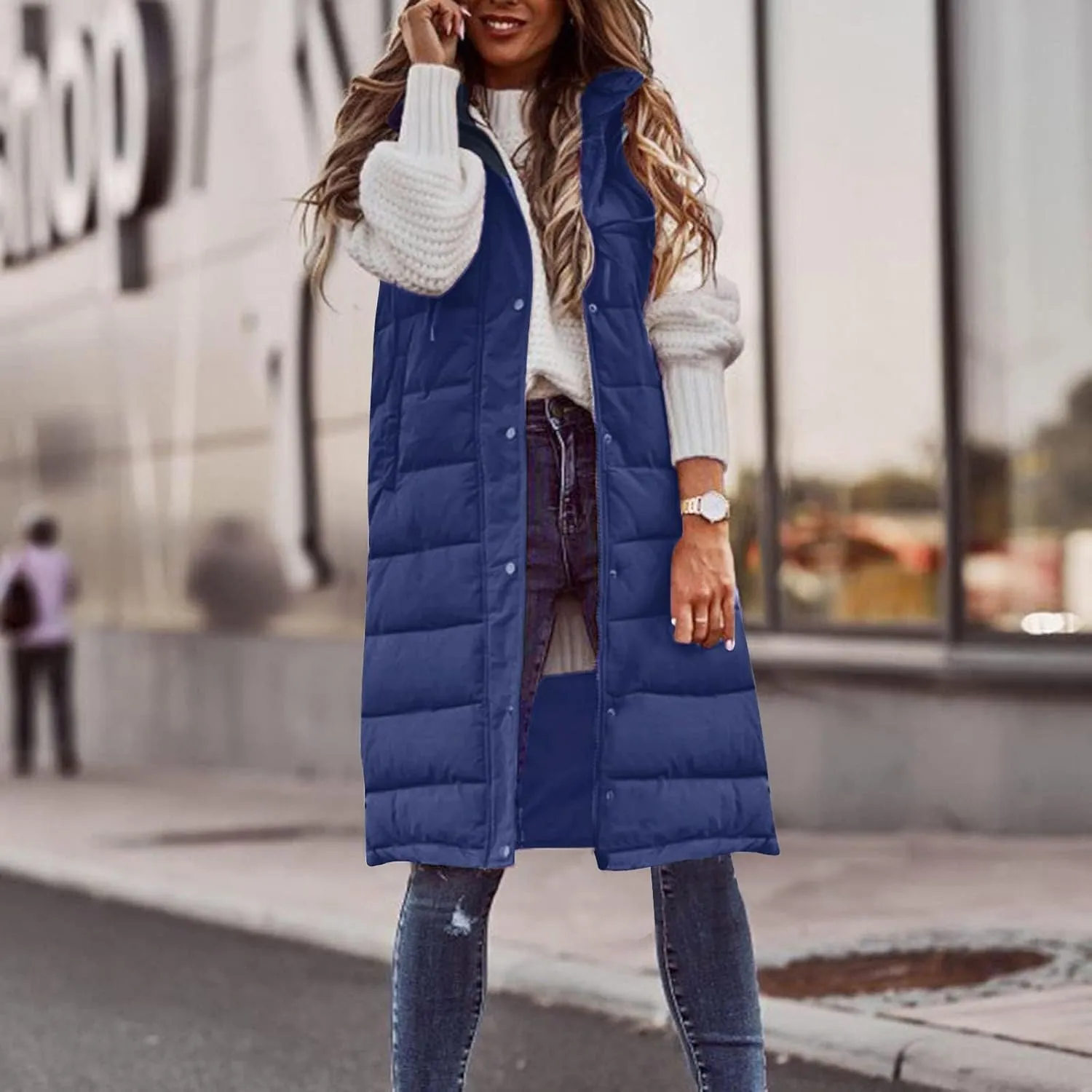Women's Long Vest Sleeveless Lightweight Puffer Jacket Packable Hooded Down Soft Coat Quilted with Hood Winter