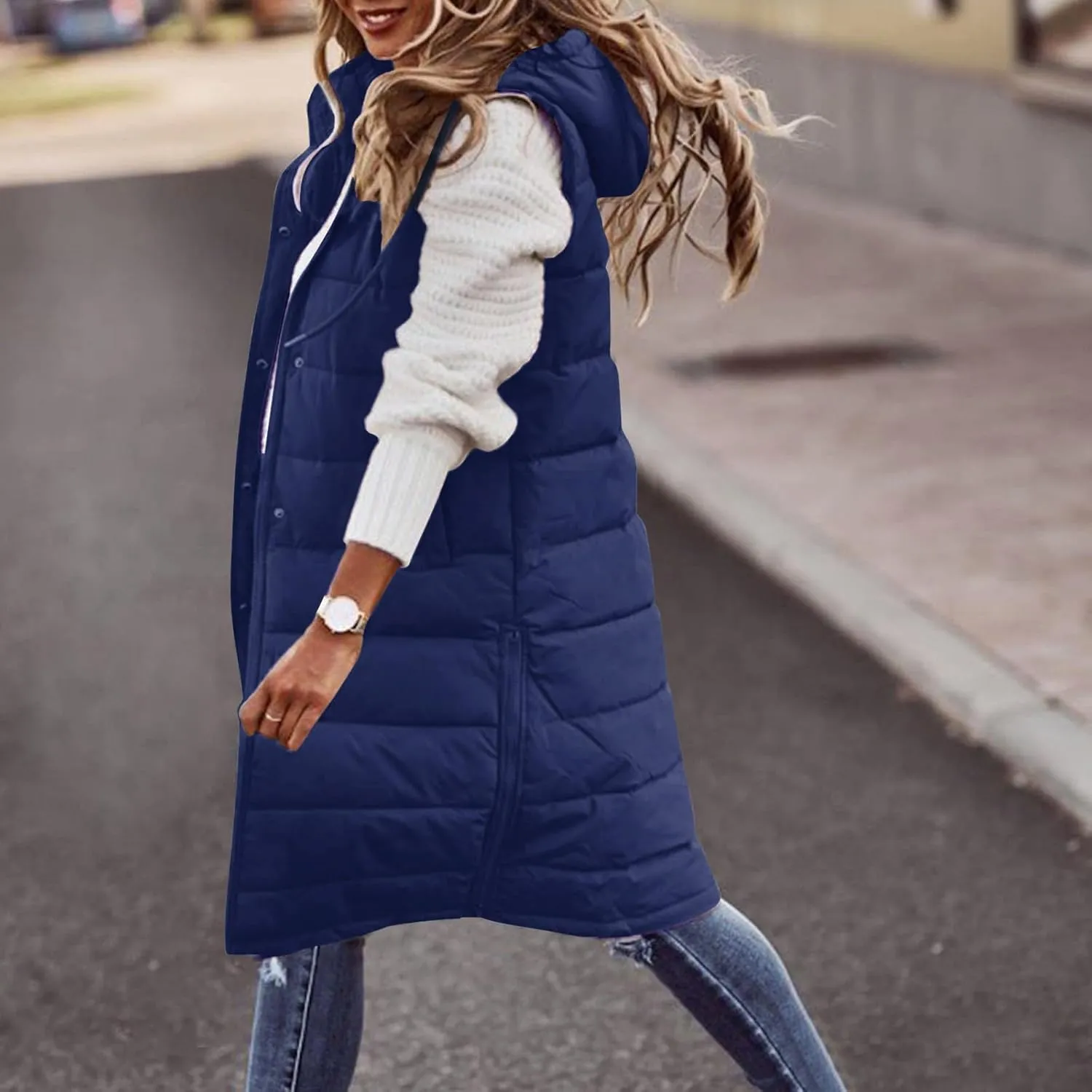 Women's Long Vest Sleeveless Lightweight Puffer Jacket Packable Hooded Down Soft Coat Quilted with Hood Winter