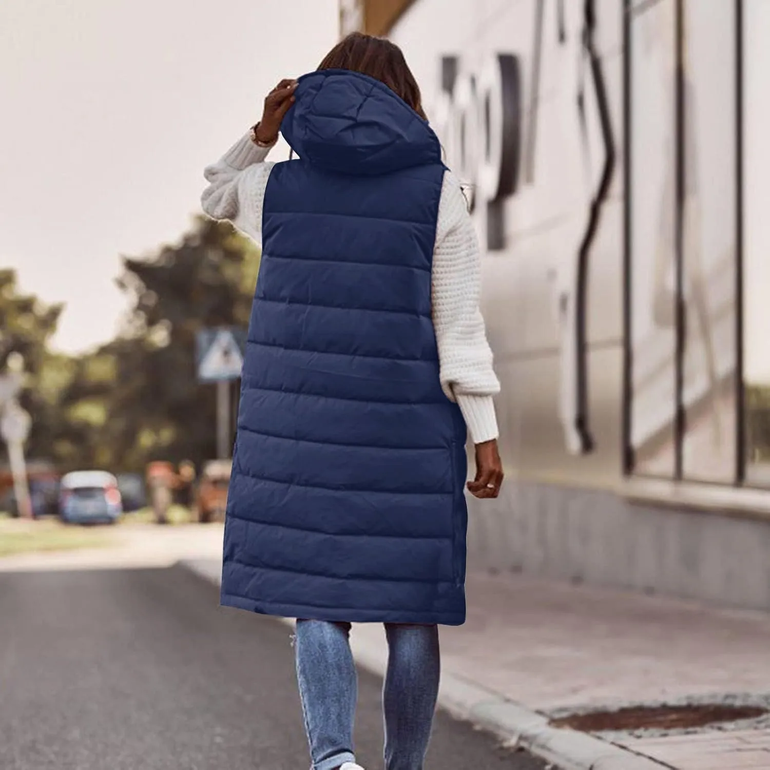Women's Long Vest Sleeveless Lightweight Puffer Jacket Packable Hooded Down Soft Coat Quilted with Hood Winter