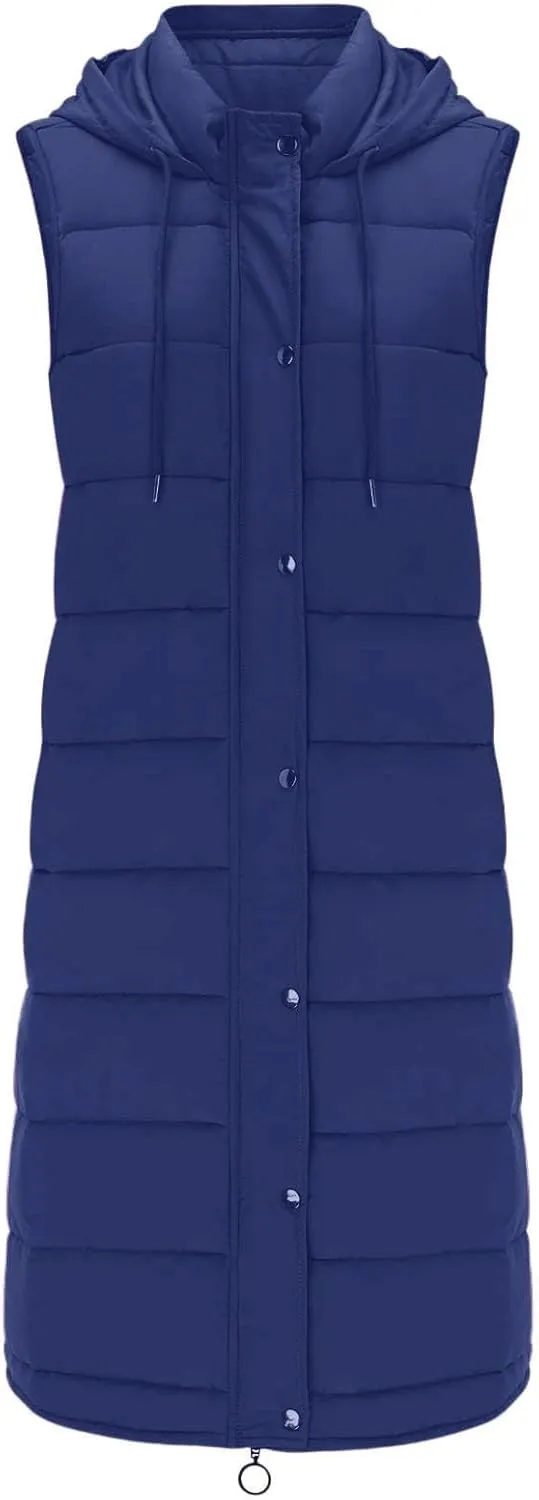 Women's Long Vest Sleeveless Lightweight Puffer Jacket Packable Hooded Down Soft Coat Quilted with Hood Winter